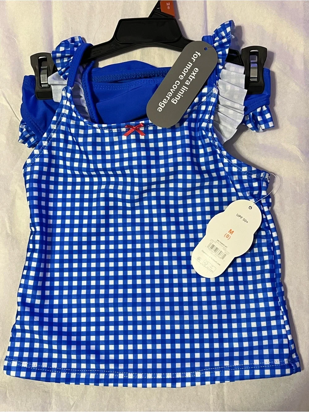 NWT Girls Blue Gingham Ruffle Tankini Swimsuit 2 Piece UPF 50+ Size 8